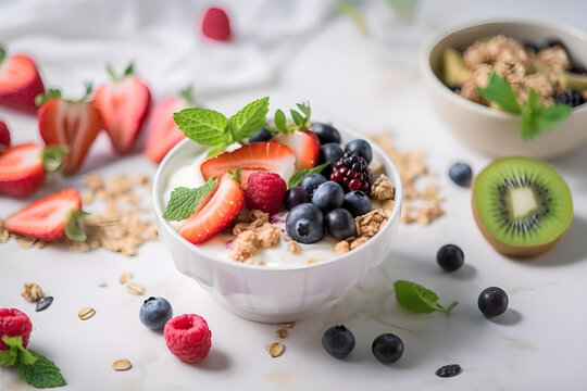 Healthy breakfast. Fresh granola, muesli with yogurt and berries on marble bottom