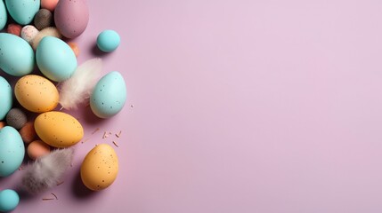  Easter holiday background with copy space. Top view Easter eggs, colorful wallpaper