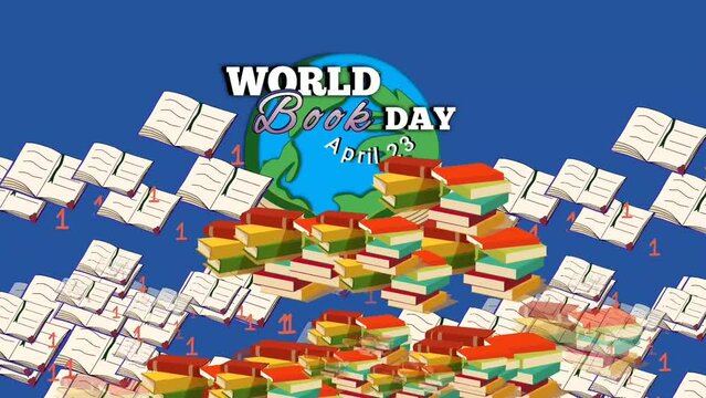World book day.  Book day celebration motion picture video.  Animation books fly and there is a picture of planet earth. 