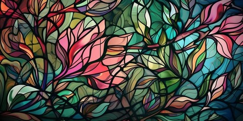 Floral background natural pattern concept wallpaper background stained glass, Generative IA