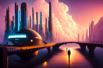Futuristic City Buildings Funky Cyberpunk modern art illustration Generative AI