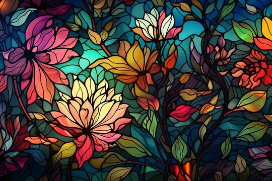 Floral Background Natural Pattern Concept Wallpaper Background Stained Glass, Generative IA