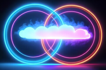 3d render, abstract cloud illuminated with neon light ring on dark night sky. Glowing geometric shape, round frame AR 