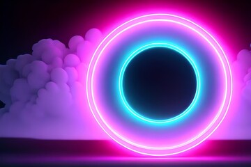 3d render, abstract cloud illuminated with neon light ring on dark night sky. Glowing geometric shape, round frame AR 