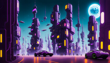 Futuristic City Buildings Funky Cyberpunk modern art illustration Generative AI