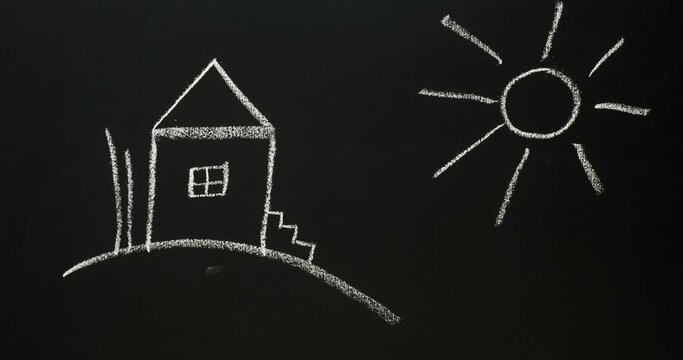 Hand-drawn in chalk on a school blackboard children's drawing - sun, house, tree and flower. 4K stop motion animation