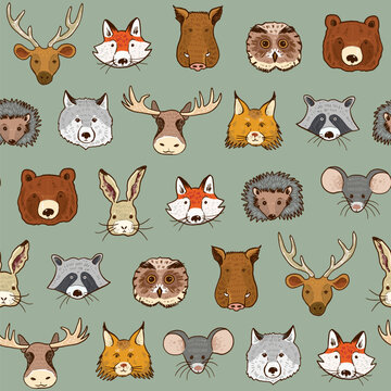Forest animals face vector seamless pattern.