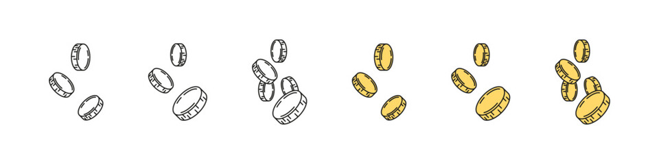 Coins dropping vector icon set. Coin fall symbol. Golden cash outline token.
