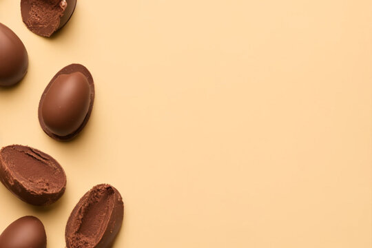Chocolate day with big chocolate eggs and beautiful beige background