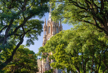 Fototapeta na wymiar Leafy view of the tall church spire and clock tower of San Isidro cathedral near Buenos Aires in Argentina