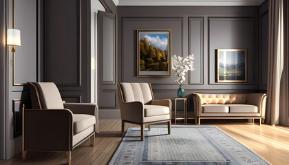 Fototapeta premium Living room interior of furnished apartment cozy couch sofa wooden flooring Generative AI