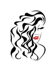 woman with long hair. woman face. Hair stile icon. Red lips, sexy woman's kiss with birthmark, flat style, vector illustration. Beauty logo.