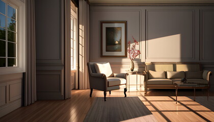 Fototapeta premium Living room interior of furnished apartment cozy couch sofa wooden flooring Generative AI