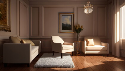 Living room interior of furnished apartment cozy couch sofa wooden flooring Generative AI