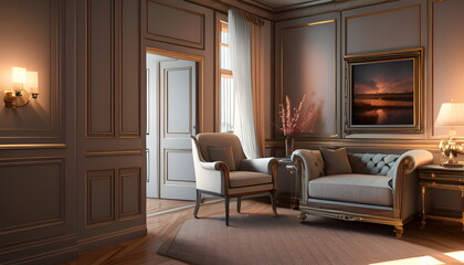 Fototapeta premium Modern interior design of scandinavian apartment, living room with sofa over the wall. Home interior Generative AI