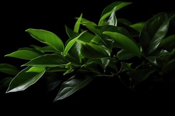 Fototapeta premium green tea leaves on black.
