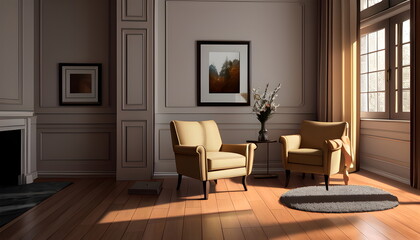 Fototapeta premium Living room interior of furnished apartment cozy couch sofa wooden flooring Generative AI