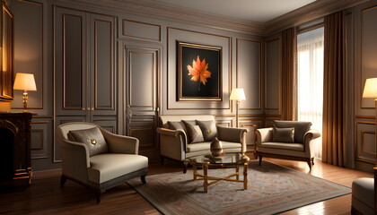 Modern interior design of scandinavian apartment, living room with sofa over the wall. Home interior Generative AI