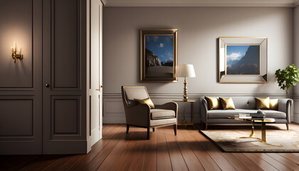 Fototapeta premium Modern interior design of scandinavian apartment, living room with sofa over the wall. Home interior Generative AI