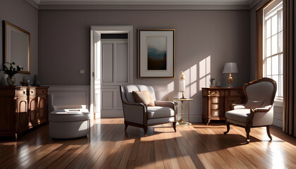 Living room interior of furnished apartment cozy couch sofa wooden flooring Generative AI