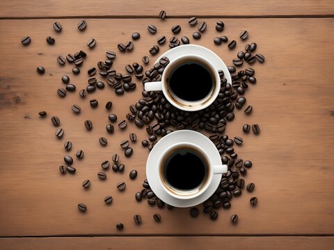 2 cups of black coffee, surrounded by freshly roasted coffee beans, spilling out onto a brown wooden table, drink and beverage, top view image - AI generated, generative AI
