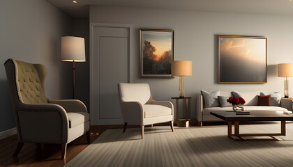 Obraz na płótnie Canvas Living room interior of furnished apartment cozy couch sofa wooden flooring Generative AI