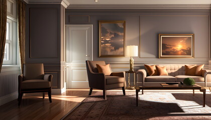 Living room interior of furnished apartment cozy couch sofa wooden flooring Generative AI