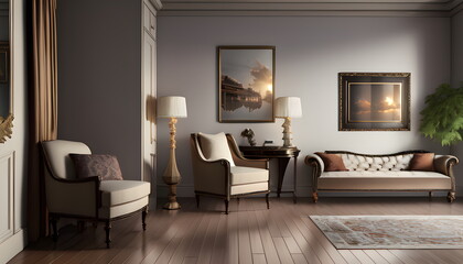 Fototapeta premium Modern interior design of scandinavian apartment, living room with sofa over the wall. Home interior Generative AI