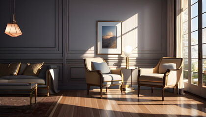 Fototapeta premium Modern interior design of scandinavian apartment, living room with sofa over the wall. Home interior Generative AI