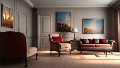 Living room interior of furnished apartment cozy couch sofa wooden flooring Generative AI