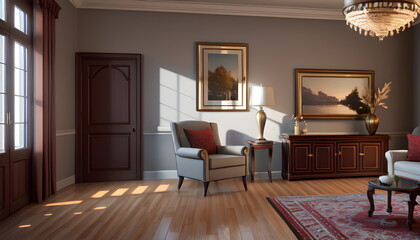Living room interior of furnished apartment cozy couch sofa wooden flooring Generative AI
