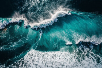 Fototapeta na wymiar Aerial top view background of big ocean water white wave splashing in the sea to the shore, strength and power of nature, wave splashing rising up, generated ai