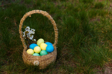 Paint eggs for Easter, bright Easter holiday, children paint eggs, colored eggs in a basket, colored eggs on a stand, Holiday background 
