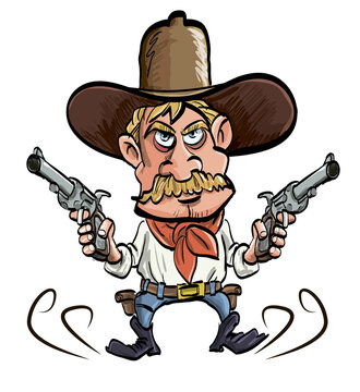 Cowboy with mustache and hat with pistols western style, illustration on transparent background