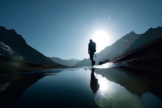 health and wellbeeing is represented by a man hiking in the afternoon with the sun