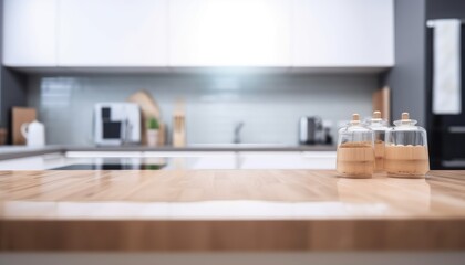 Empty top wooden kitchen counter with white kitchen in the background. Generative AI
