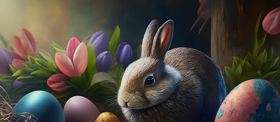 Happy Easter, delicate colors, a rabbit and a festive egg painted with patterns and flowers. Festive decorations in gentle colors.
