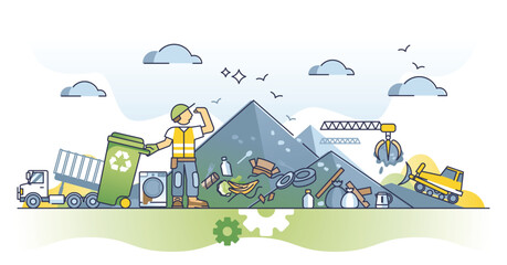 Waste reduction and disposable garbage material recycling outline concept. Sustainable and nature friendly plastic management vector illustration. Reuse awareness for ecological and clean lifestyle.