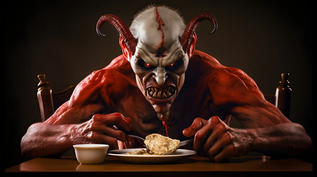 angry red demon eating dinner, made with generative ai