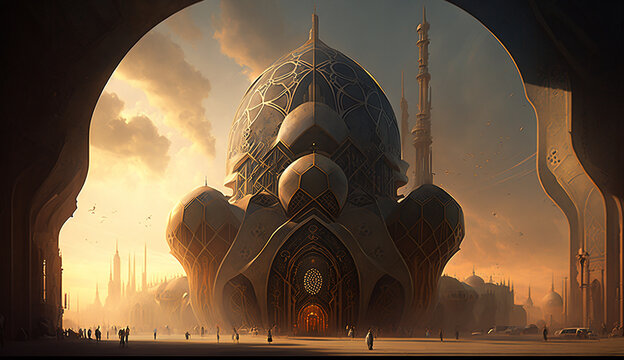 Cyberpunk mosque. Generative Ai