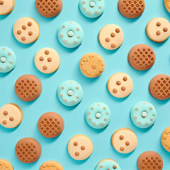 Pattern made with cookies on bright light blue background. Minimal food concept. Generative AI