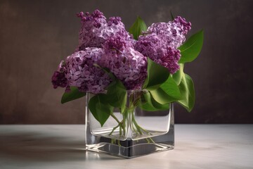 Illustration of a beautiful vase filled with purple flowers on a marble table top created with Generative AI technology