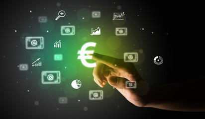 Businessman finger touching on screen multimedia interface with hand drawn currency icons
