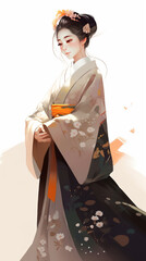 Fototapeta premium 白い着物を着た可憐な女性のイラスト - Generative AI