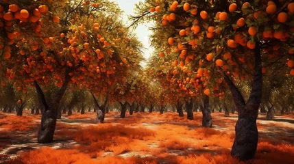 Schilderijen op glas AI Generated art of magic orange trees and forest © alhaitham