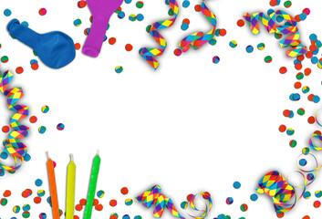 party decoration overlay, frame from colorful streamer confetti candles and balloons from above isolated on transparent background, top view flat lay