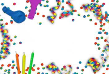 party decoration overlay, frame from colorful streamer confetti candles and balloons from above isolated on transparent background, top view flat lay