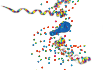 party decoration overlay, colorful streamer confetti and balloon from above isolated on transparent background, top view flat lay