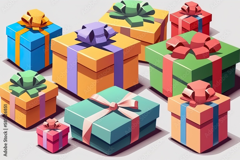 Poster a closeup of a stack of colorfully wrapped present boxes on a white backdrop. generative ai