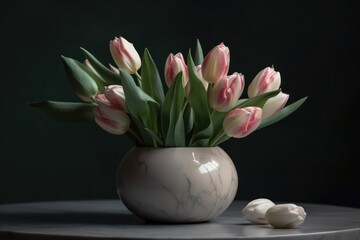 Illustration of a white vase filled with pink tulips on top of a wooden table created with Generative AI technology
